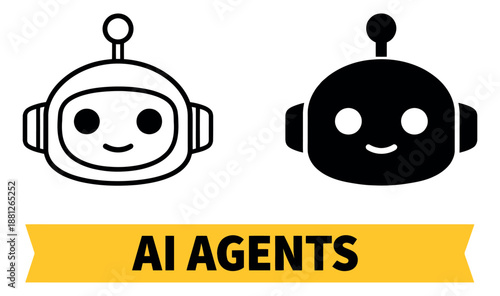 Line and solid robot icon set featuring friendly faces for artificial intelligence systems