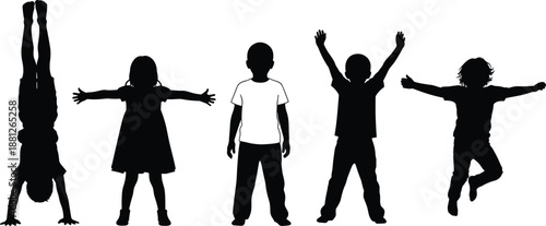 Children silhouette illustration showing playful kids jumping, standing, and doing handstand, joyful childhood activity, energy and happiness concept isolated on white background