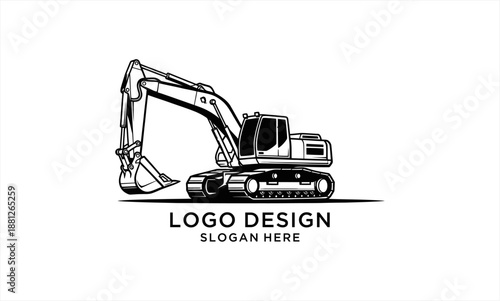 Heavy-duty excavator machine in black and white, ready for construction work.