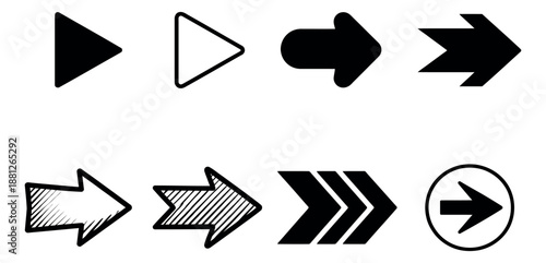 Modern and hand drawn navigation icon set featuring diverse arrow and play button designs for web and app interfaces