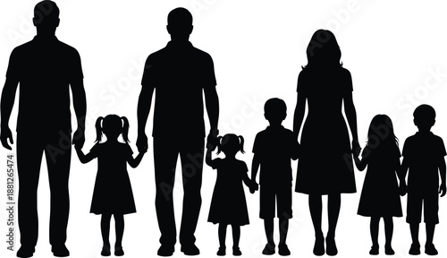 Silhouettes of happy family with parents and children standing together, love, unity, protection, parenting and togetherness concept isolated on white background for stock photography