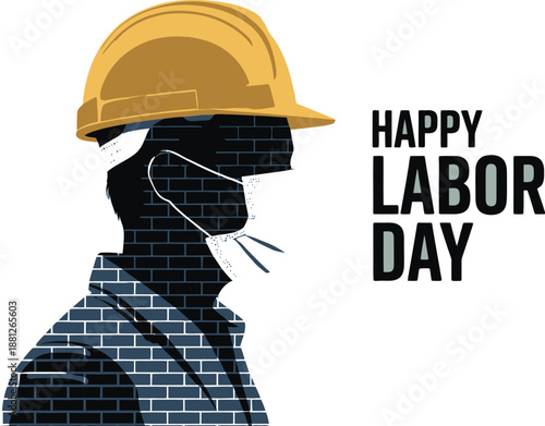 Worker silhouette wearing hard hat and mask for Happy Labor Day