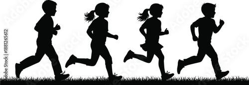Silhouette of active children running outdoors together, kids fitness and healthy lifestyle concept, childhood play, youth energy, teamwork, freedom, motion, and sport activity illustration