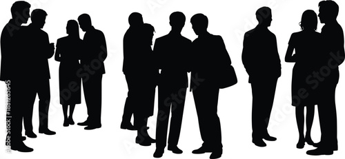 Business people silhouettes group showing professional teamwork discussion, corporate networking meeting scene, office communication concept collection isolated on white background