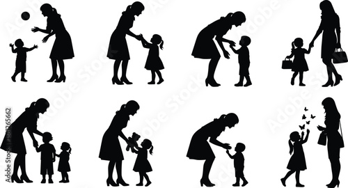 Mother and child silhouettes set showing caring parenting moments, family love interactions, childhood growth scenes, motherhood bonding collection isolated on white background for design use