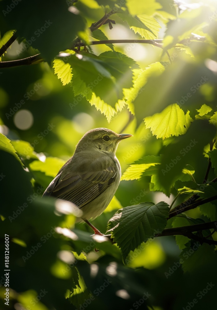 Obraz premium Bird Resting in Tree Branch Lit By Sunlight Streaming Through Foliage
