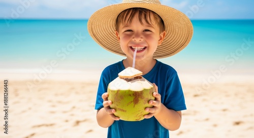 Young Boy Wearing Straw Hat Drinking Coconut Juice on Sandy Beach
