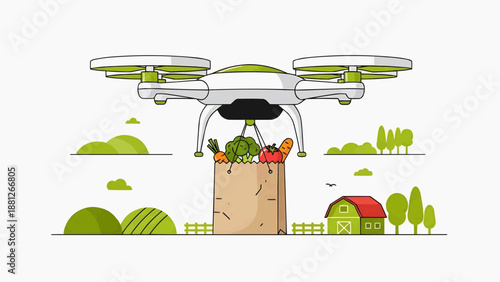 Drone delivering fresh produce to a rural farmhouse in a serene landscape viewed from above