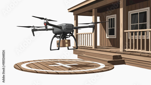 Drone hovers above a wooden deck near a house with a circular pattern on the floor, captured from a slightly elevated viewpoint