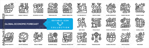 Global Economic Forecast Icon Collection for Market Trends, Financial Growth, Inflation Analysis, and Business Strategy Visualization
