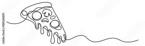 Line art illustration of a pizza slice depicting dripping cheese and various toppings for fast food concepts