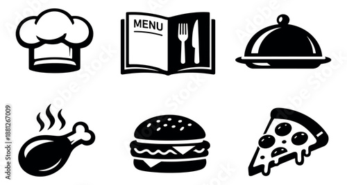 Graphic food and restaurant icon set featuring a chef hat, open menu, serving cloche, hot chicken leg, hamburger, and pizza slice for dining and cooking concepts