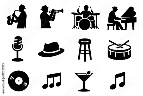 Silhouette jazz music set featuring musicians, instruments, and related icons for entertainment events and bar concepts