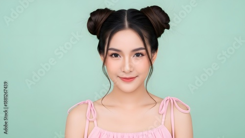 A young Asian woman with a bright smile and stylish hair buns
