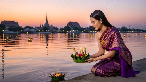 A serene woman in traditional Thai attire releasing floating lanterns on a peaceful river at sunset