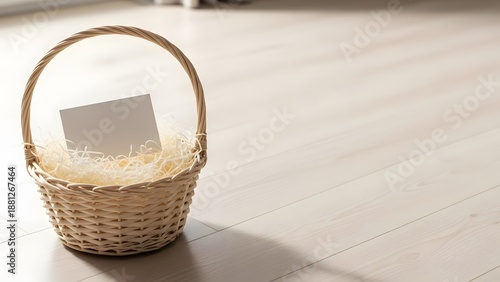 A small wicker basket with a card on a light wooden floor