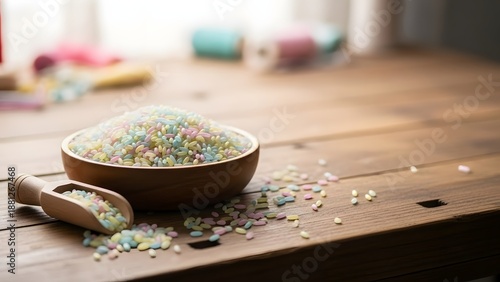 A wooden bowl filled with colorful sprinkles on a rustic table