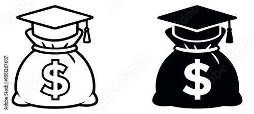 Line art and solid icon set featuring a money bag with a dollar sign and a graduation cap for educational finance