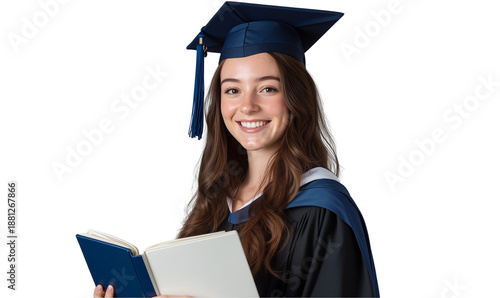 Portrait of a smiling female college student graduate holding diploma, isolated on transparent background	