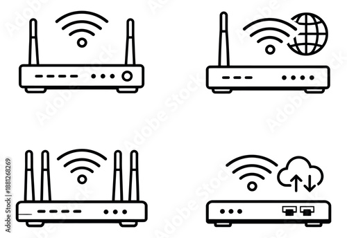 Line art network router set featuring wireless connectivity, global access, and cloud transfer for internet technology