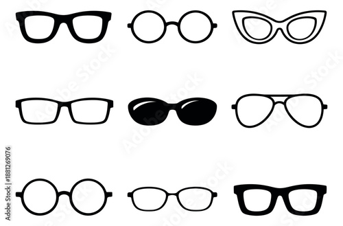 Graphic eyewear set featuring various styles of glasses and sunglasses for fashion and vision concepts