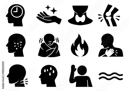 Glyph icon human health symptoms set featuring various body parts and discomforts for medical infographics