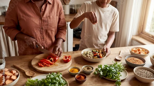 Black mother and son preparing a healthy plant-based meal in their cozy kitchen, with the woman cutting bell peppers and the boy spicing a plate and the boy seasoning a plate of vegetables