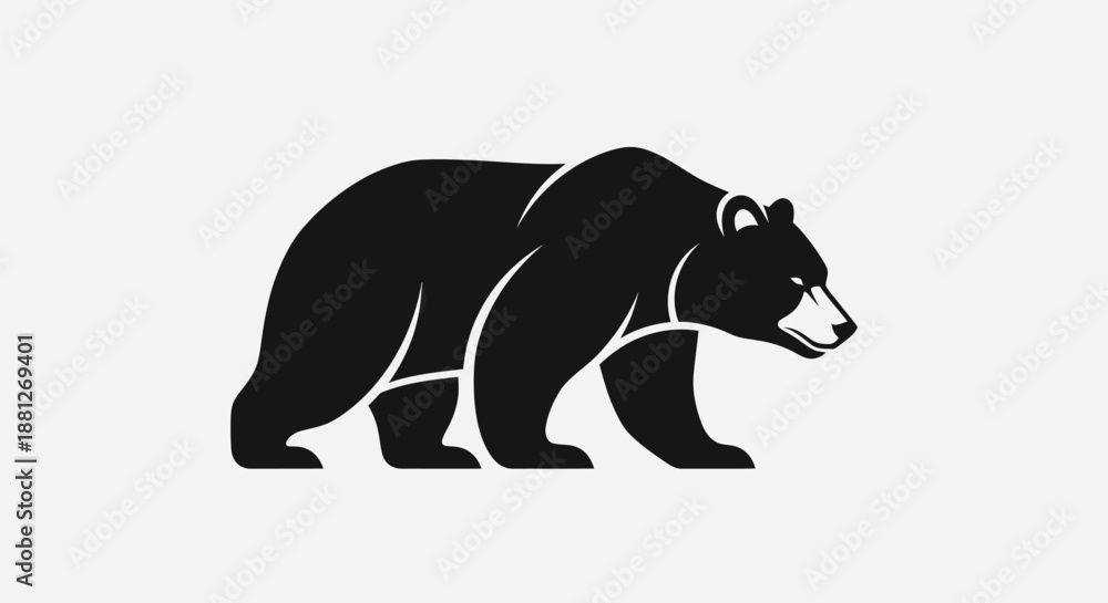 Fototapeta premium Black bear silhouette walking on white background design element