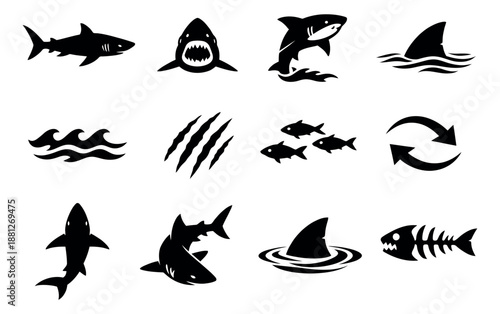 Graphic silhouette shark and ocean icon set featuring sharks, fins, waves, fish, and related ocean elements for marine and adventure themes