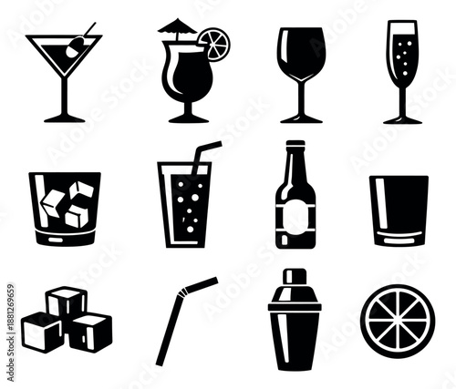 Silhouette bar and beverage icon set featuring glasses, cocktails, and drink accessories for menus and parties