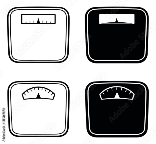 Black and white line art and glyph weight scales set featuring different display types for health and fitness monitoring