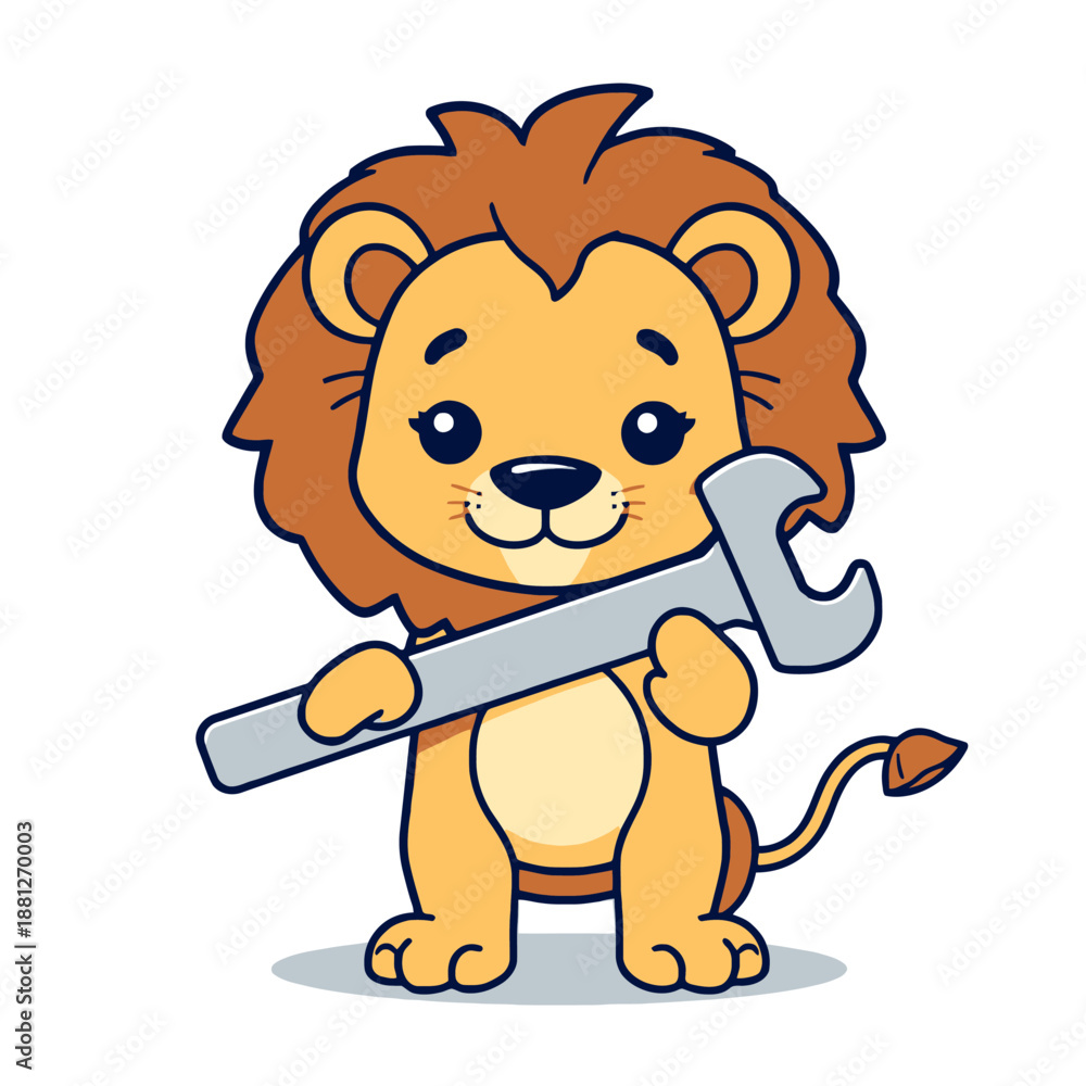 Fototapeta premium Cartoon lion holding a wrench