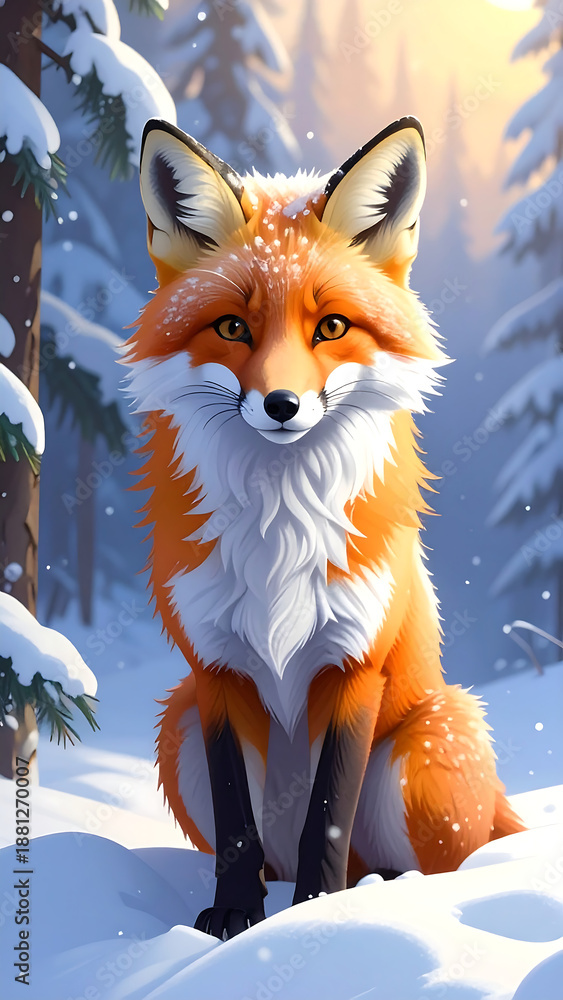 Fototapeta premium Fox portrait in snowy woods, bright, fluffy orange fur, white chest, dark legs, sunlit forest backdrop