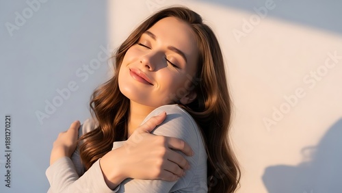 self love and inner peace concept, beautiful woman hugging herself with calm expression.