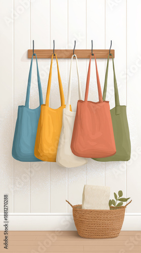 Wallpaper Mural Stylish entryway with colorful reusable shopping bag holder for eco-friendly decor Torontodigital.ca