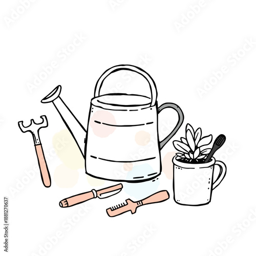 Gardening Tools and Plant Care Illustration