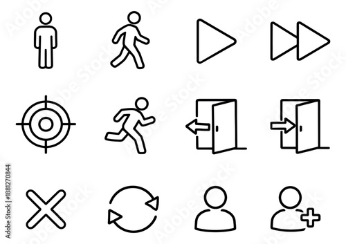Line art user interface icon set featuring people, media controls, and navigation for digital design