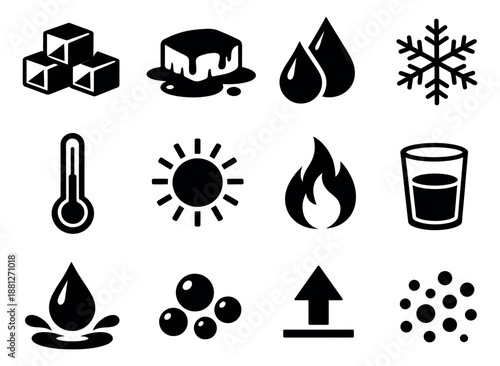 Solid glyph icons set featuring temperature, water, and states of matter symbols for scientific and weather applications
