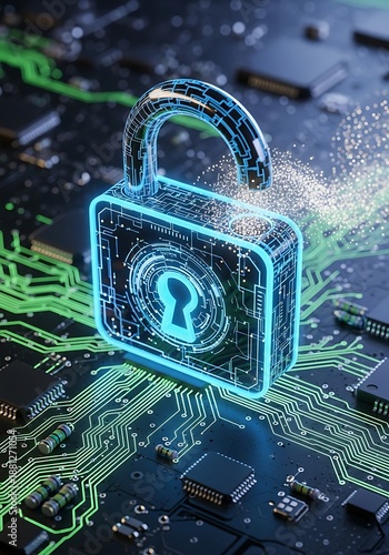 Illuminated digital padlock signifies successful access and data protection on a circuit board