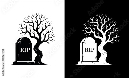 Spooky Halloween Gravestone and Dead Tree Silhouette Design.