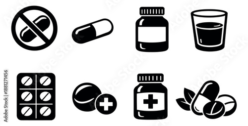 Solid medical icon set featuring pills, bottles, water glass, and blister packs for medicine and healthcare services