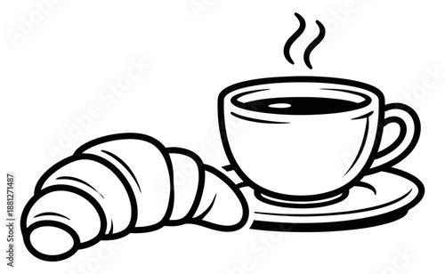 Hand drawn line art breakfast set featuring a croissant and a steaming coffee cup for a cafe