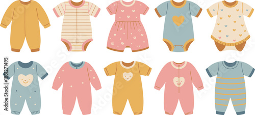 Pastel Baby Clothes Assortment Onesies, Sleepsuits, and a Dress for Infants, Toddlers