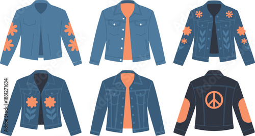 Six Denim Jackets with Flower and Peace Sign Embellishments, Orange Accents, Stylish Outerwear Collection