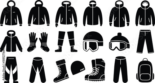 Ski Apparel Outline Icons Hooded Jackets, Gloves, Boots, Helmet, and Backpack Illustration