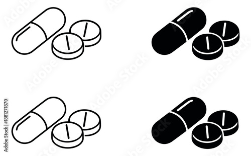 Modern medical icon set featuring capsules and pills for healthcare and pharmacy