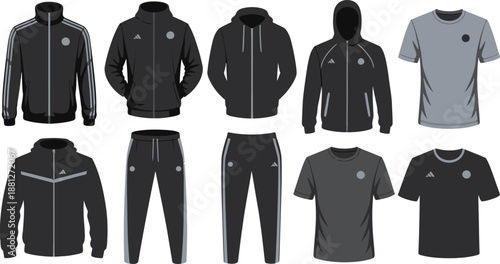 Variety of Men's Sportswear Track Jackets, Hoodies, Joggers, and ShortSleeve TShirts in Gray and Black