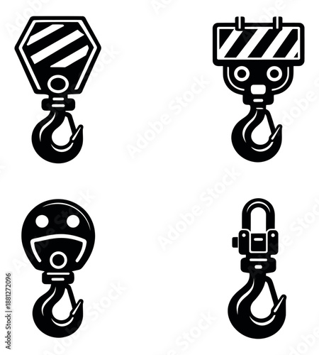 Line art hooks set featuring industrial lifting equipment for construction and heavy duty use
