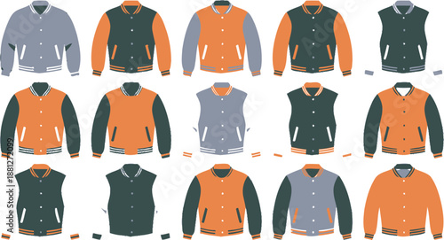 Variety of Varsity Jackets and Vests in Gray, Orange, and Green Colors