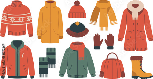 Winter Wardrobe Illustrated Collection of Coats, Sweaters, Scarves, Hats, Gloves, and Boots for Cold Weather